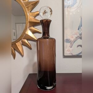 Crystal Glass 14.25" DECANTER Bark Brown Clear Base & Stopper Mid Century Modern